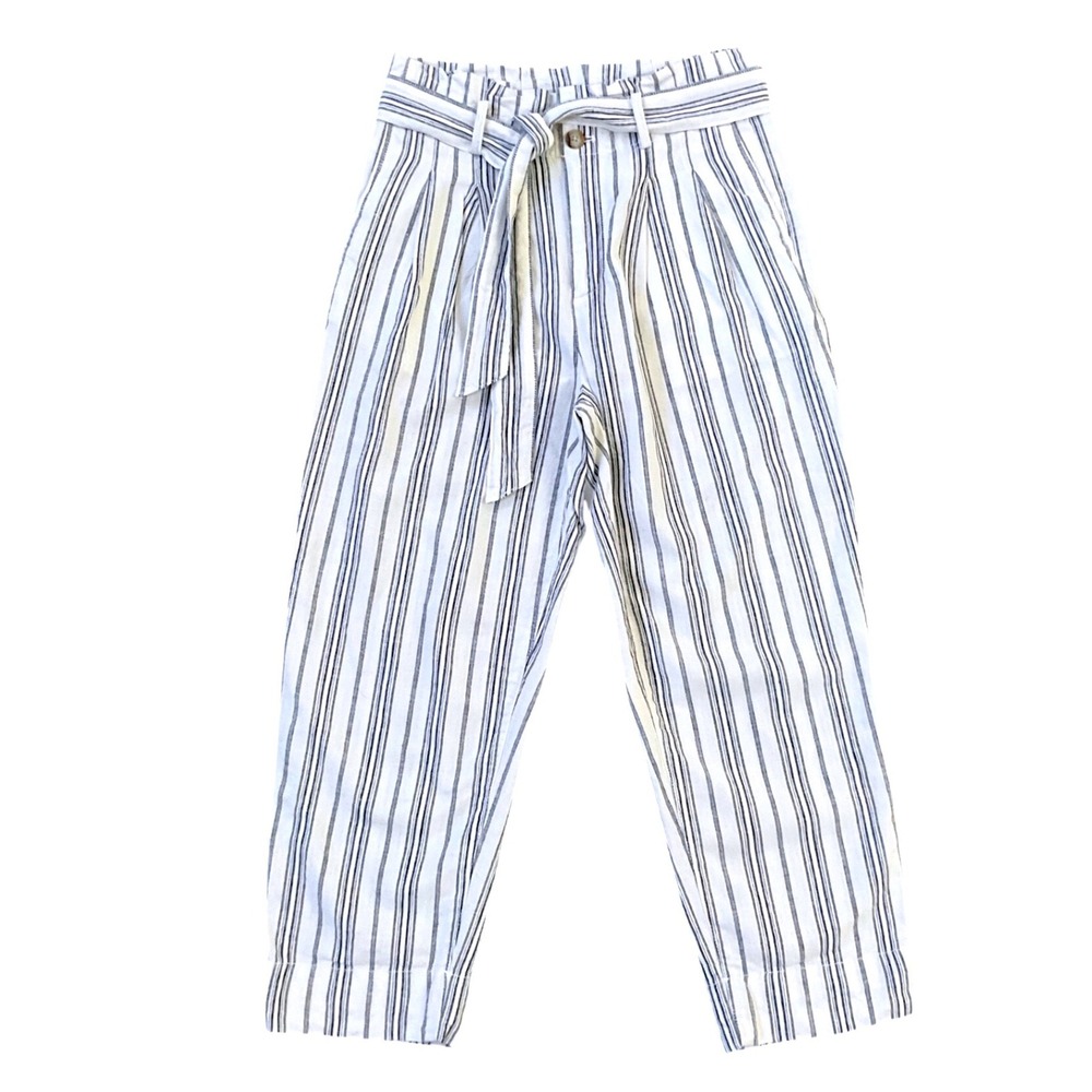 Madewell Linen Cotton Paperbag Pants Navy White Stripe High Rise Cropped Size 6